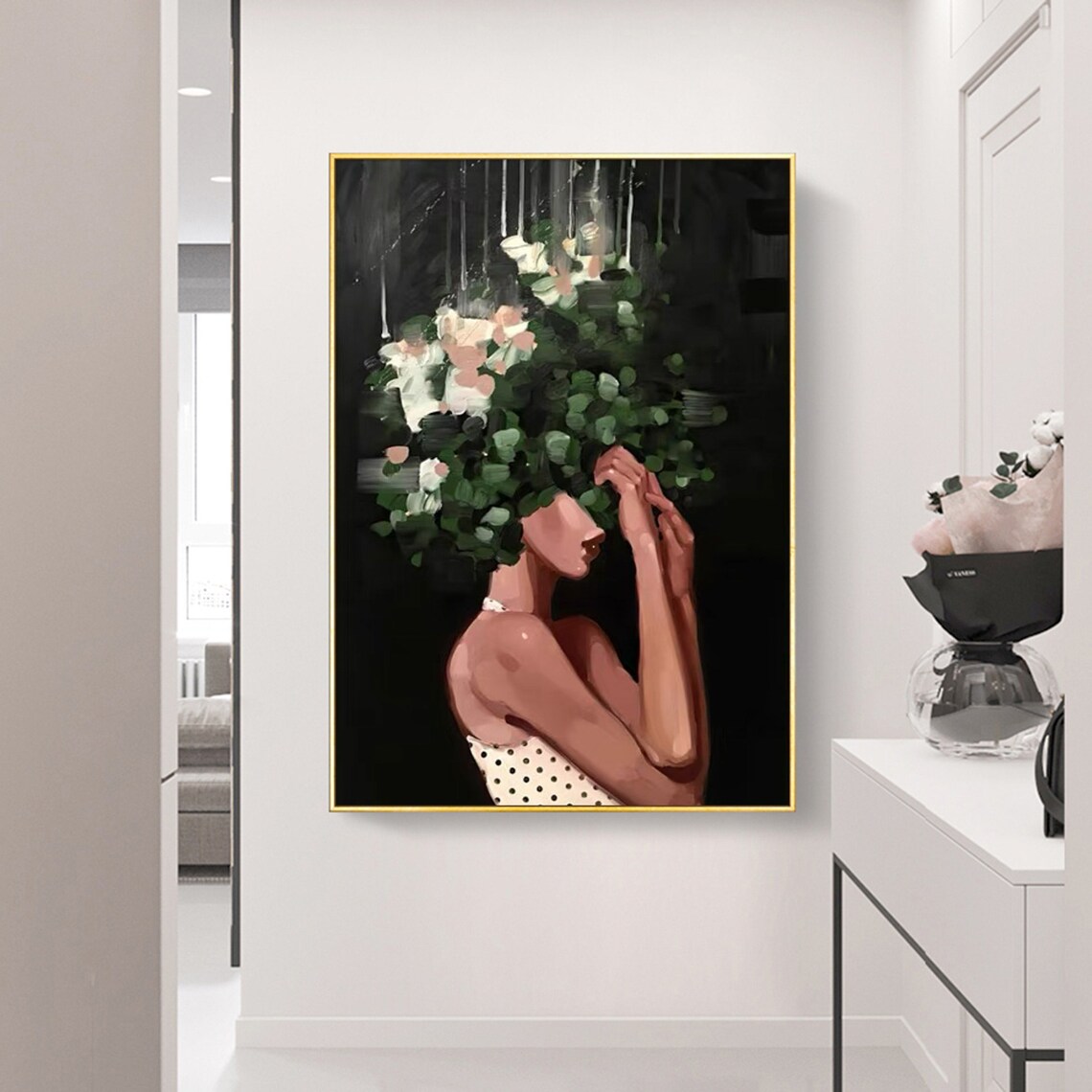 Woman Leafy Floral Hair Portrait Moody Black Background Botanical Poster - Image 4