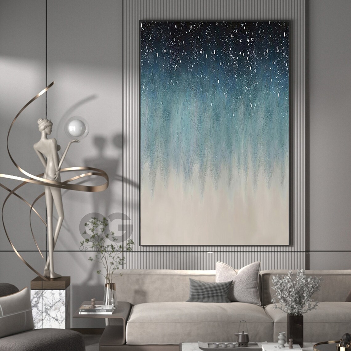 Starry Night Blue to Sandy Beige Wave Foam Vertical Art Poster - Image 2