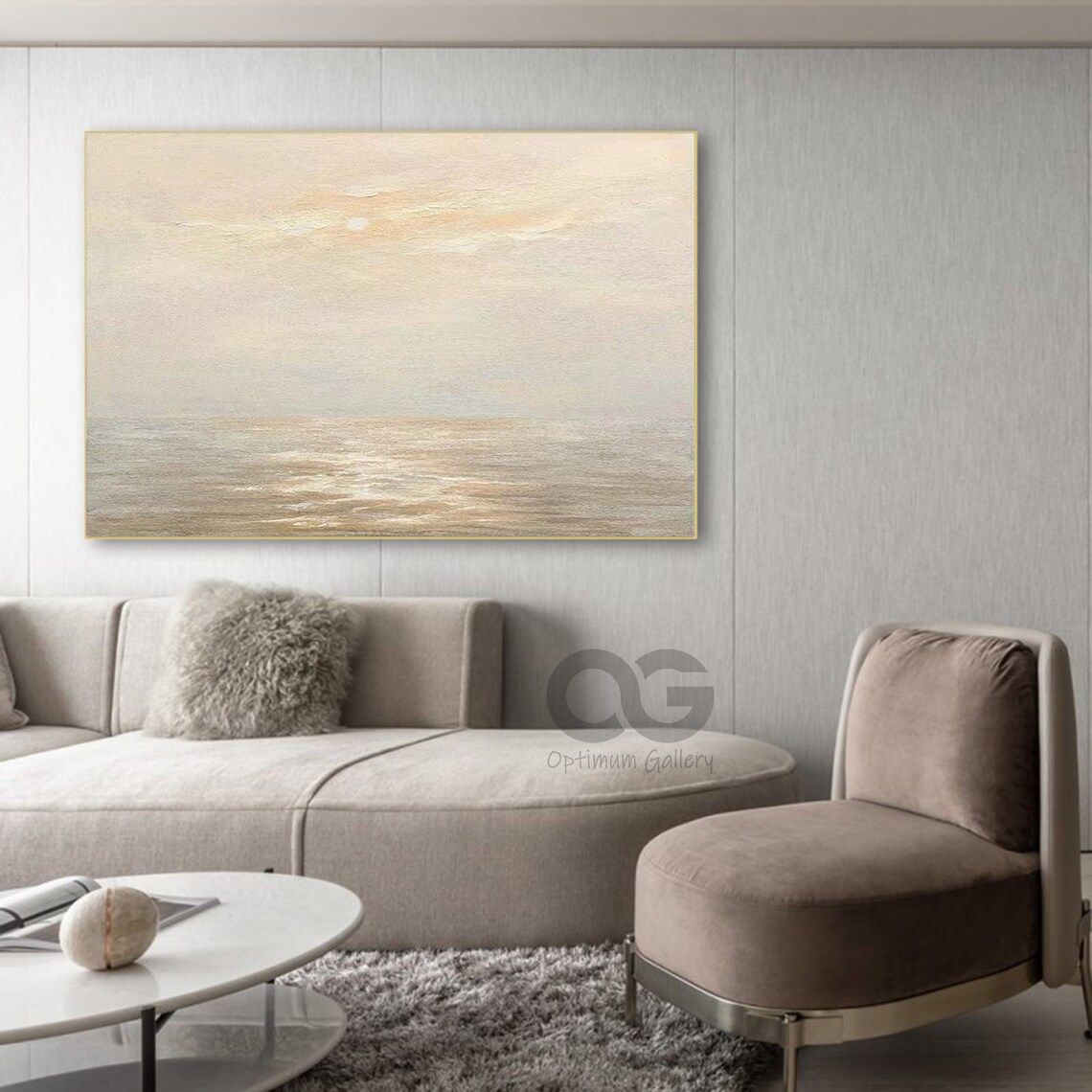 Soft Misty Sunrise Calm Sea Minimal Beige Abstract Ocean Painting Poster - Image 3
