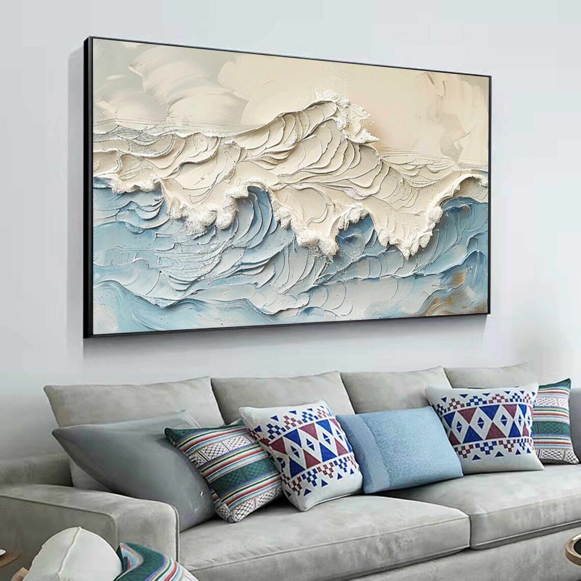 White Foam Blue Ocean Wave 3D Textured Painting Gold Framed Modern Wall Art - Image 4