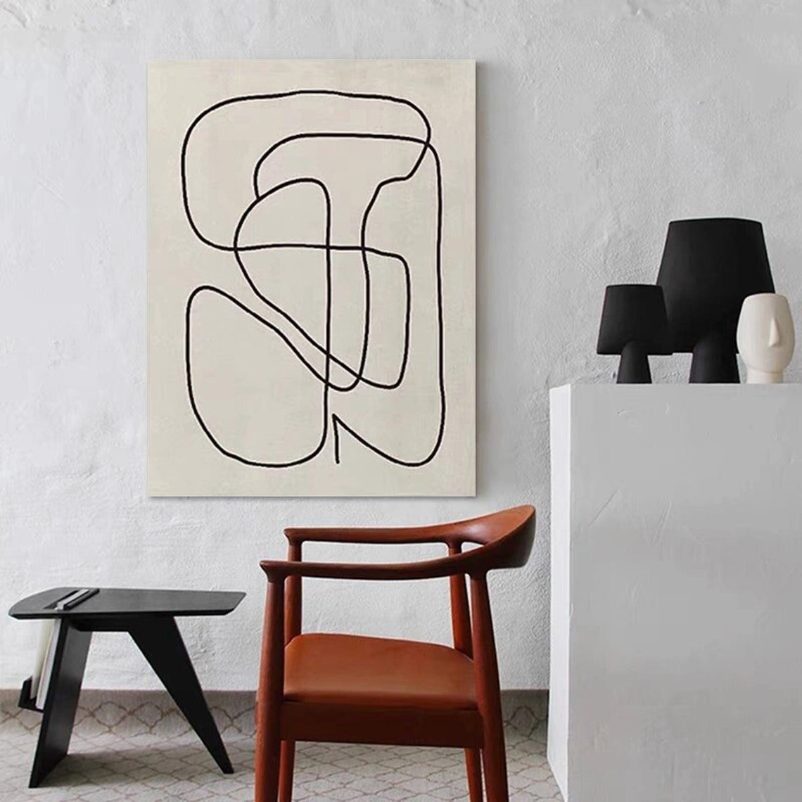 Interlocking Black Loops Cream Continuous Line Modern Art Poster - Image 2