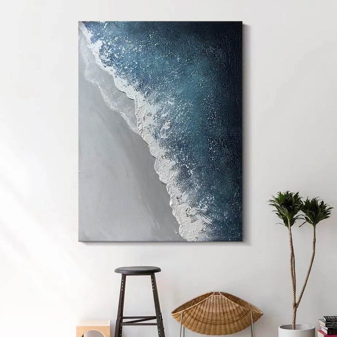 Moody Navy Wave Foam Diagonal Aerial Grey Shore Vertical Art Poster - Image 4