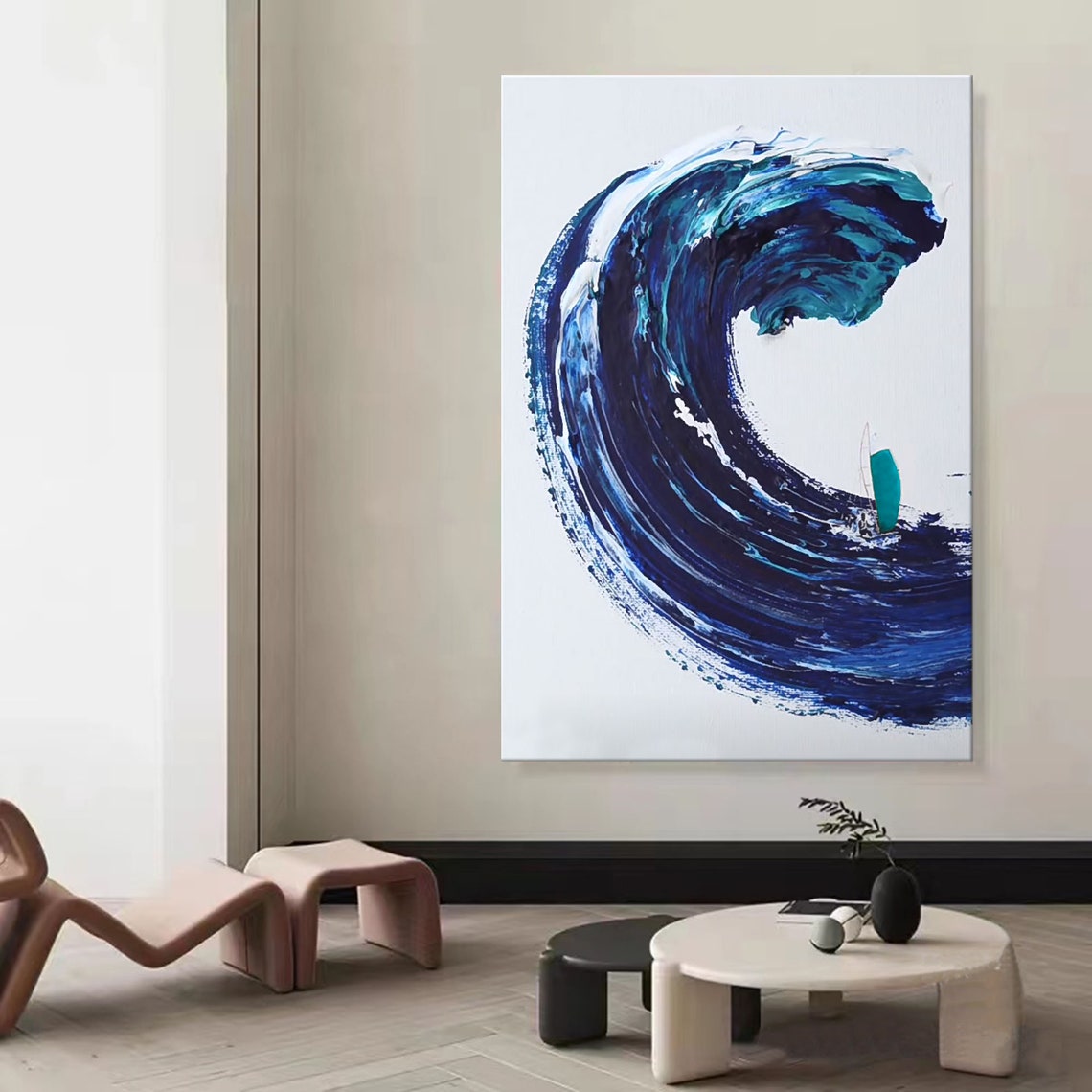 Giant Deep Blue Wave Tiny Surfer Minimal White Background Art Poster - Image 3