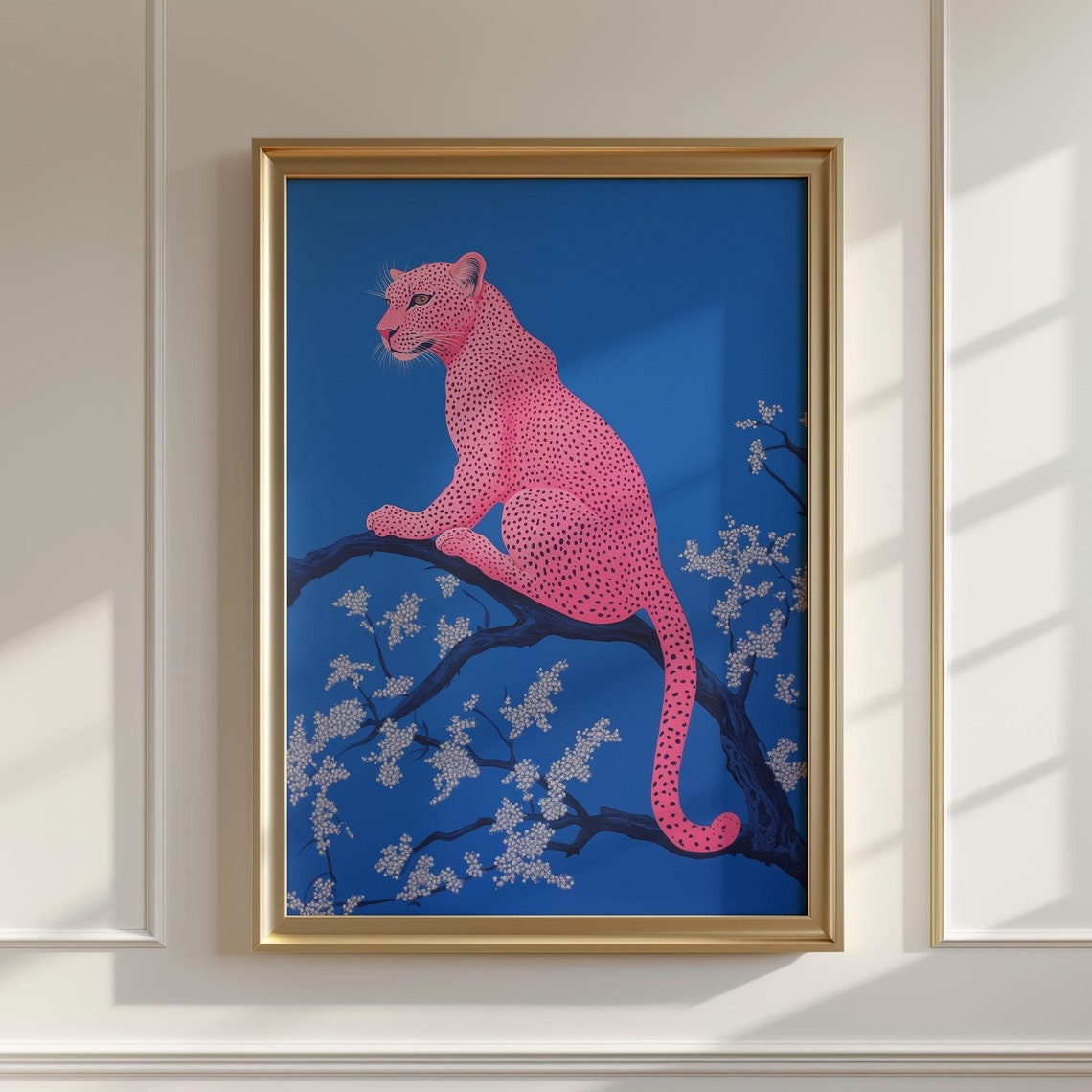 Pink Leopard Poster On Bright Blue Floral Branch Trendy Maximalist Art