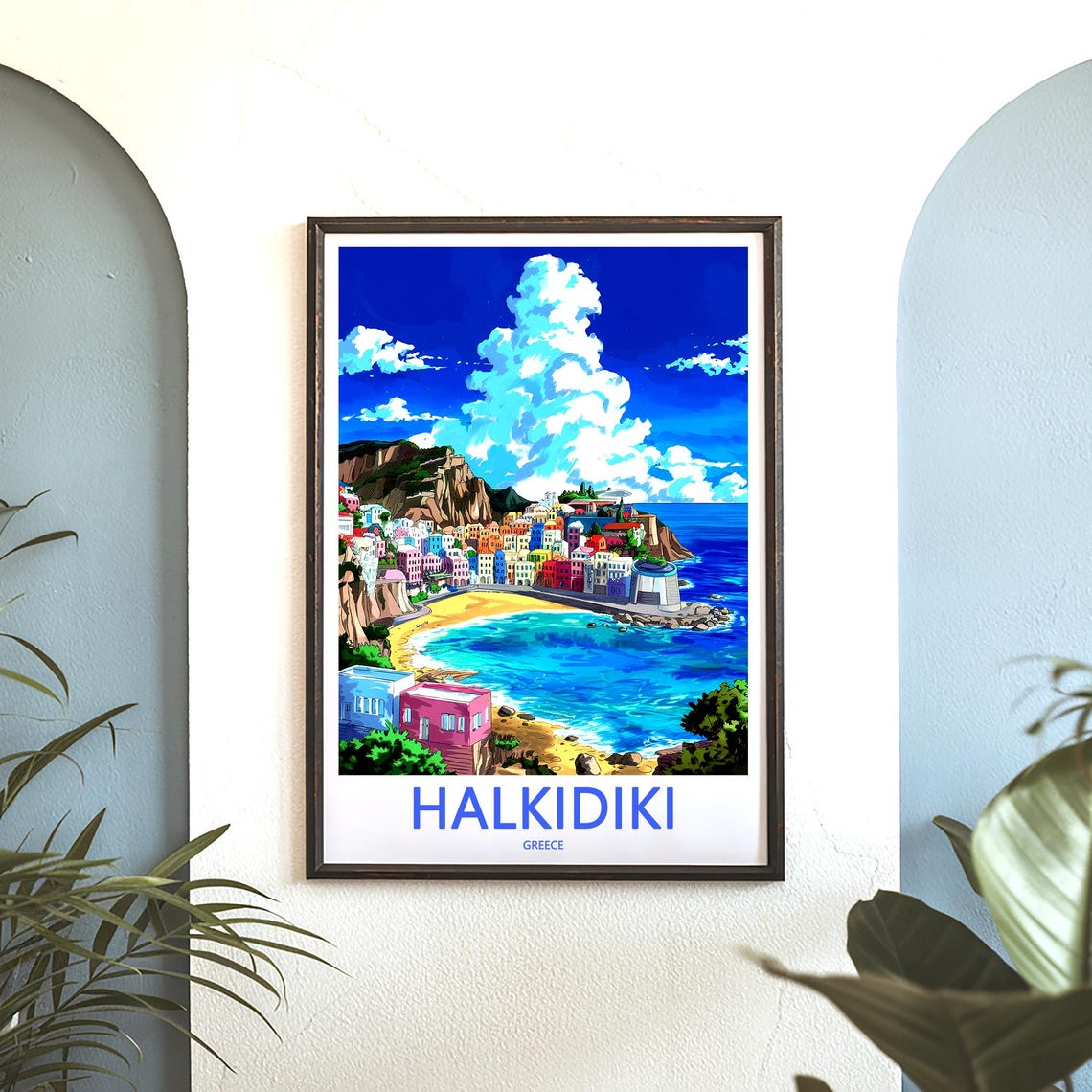 Halkidiki Greece Colorful Beach Town Illustration Wall Poster - Image 3