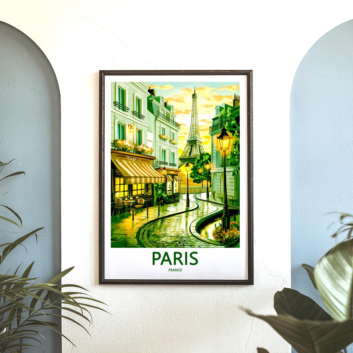 Eiffel Tower Green Cafe Street Rainy Dusk Illustrated Paris Poster - Image 3