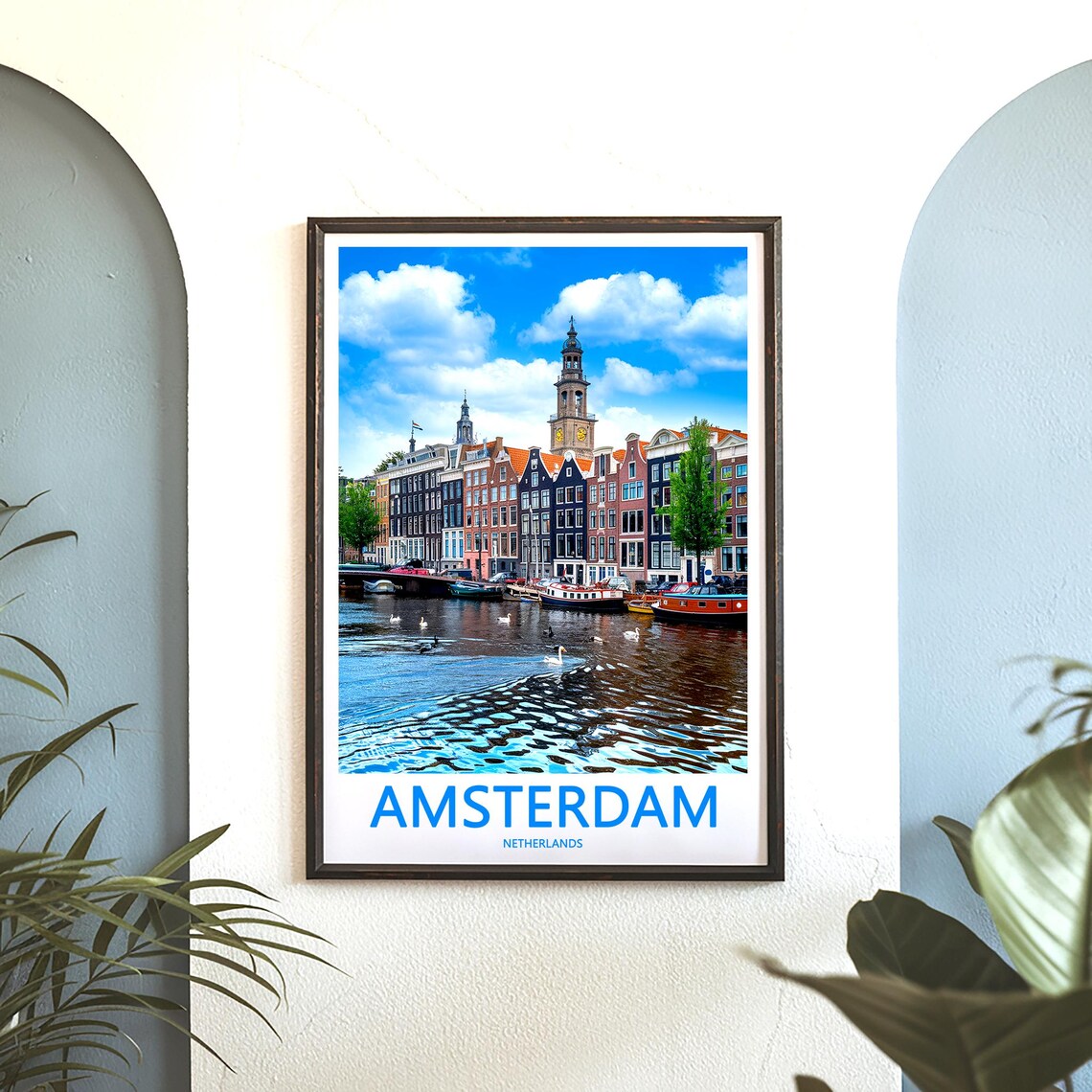 Amsterdam Riverside Row Houses with Swans Photo Travel Poster - Image 3