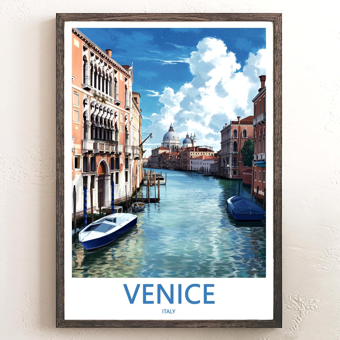 Venice Italy Grand Canal With Domes And Motorboats Art Poster