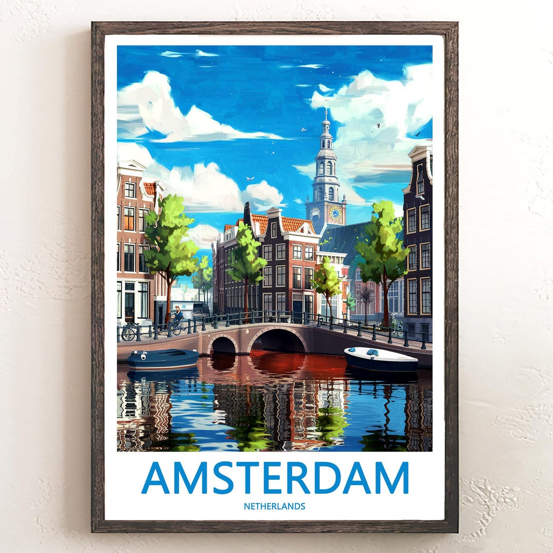 Amsterdam Sunny Canal Bridge with Boats Travel Illustration Poster