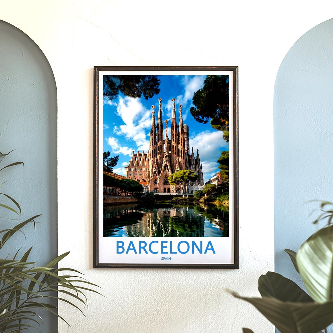 Barcelona Sagrada Familia Reflected in the Pond Travel Poster - Image 3