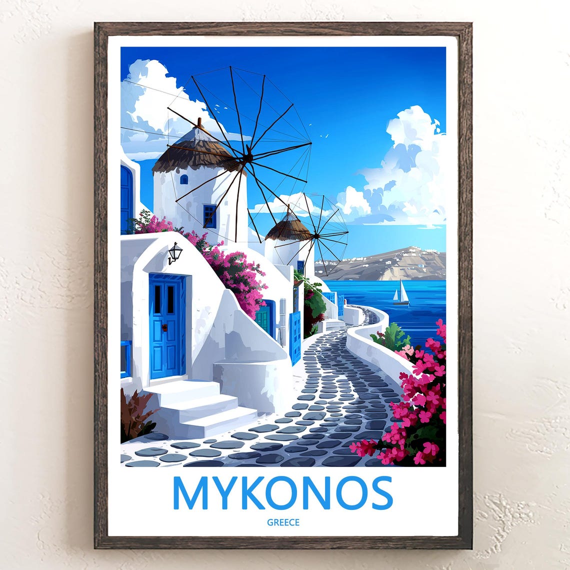 Mykonos Windmills Harbor Path Bougainvillea Greece Art Poster