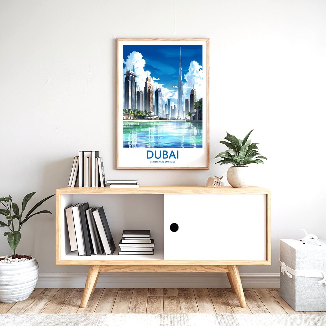 Dubai Burj Khalifa Billowy Clouds Over Green Lake Travel Poster - Image 2