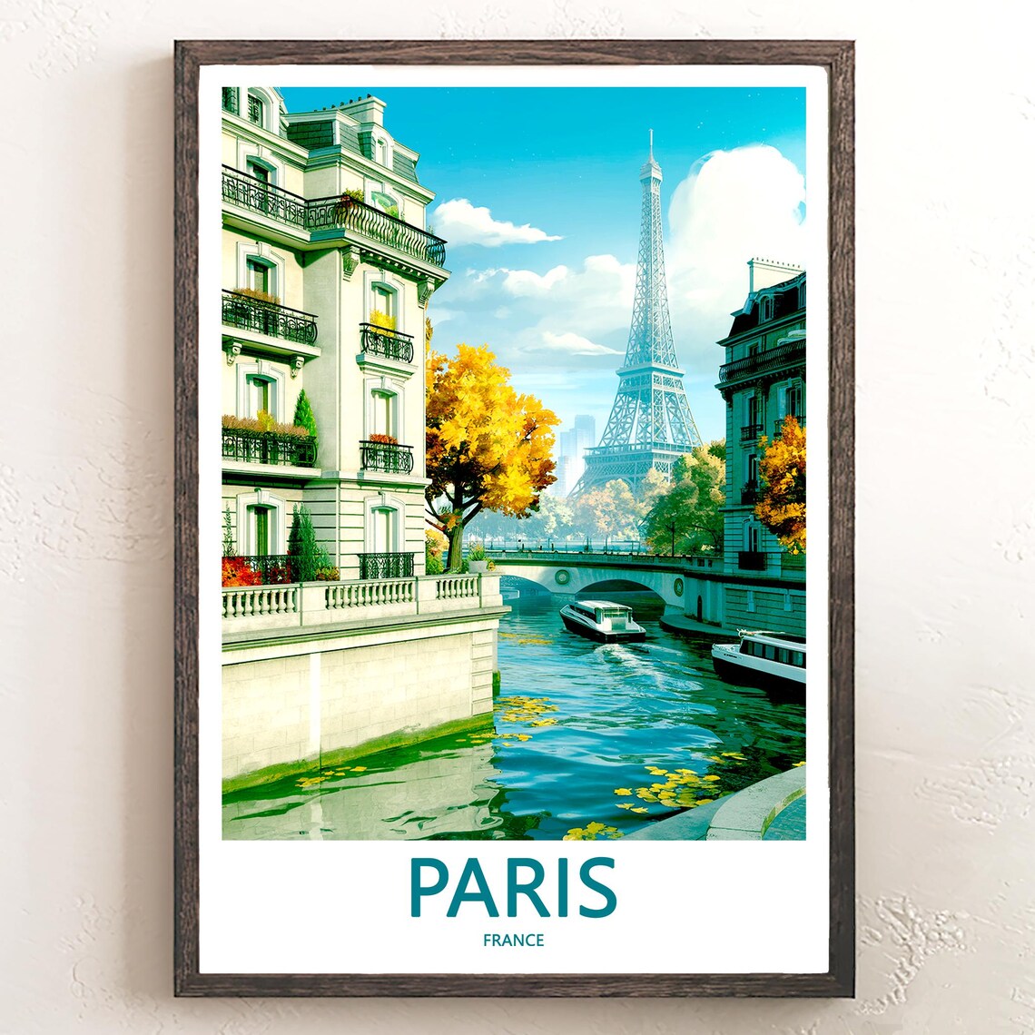 Eiffel Tower Canal Tour Boats Golden Tree Paris France Travel Poster