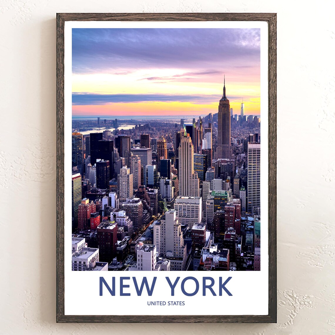 New York Manhattan Sunset Cityscape Skyline Purple Sky Travel Poster