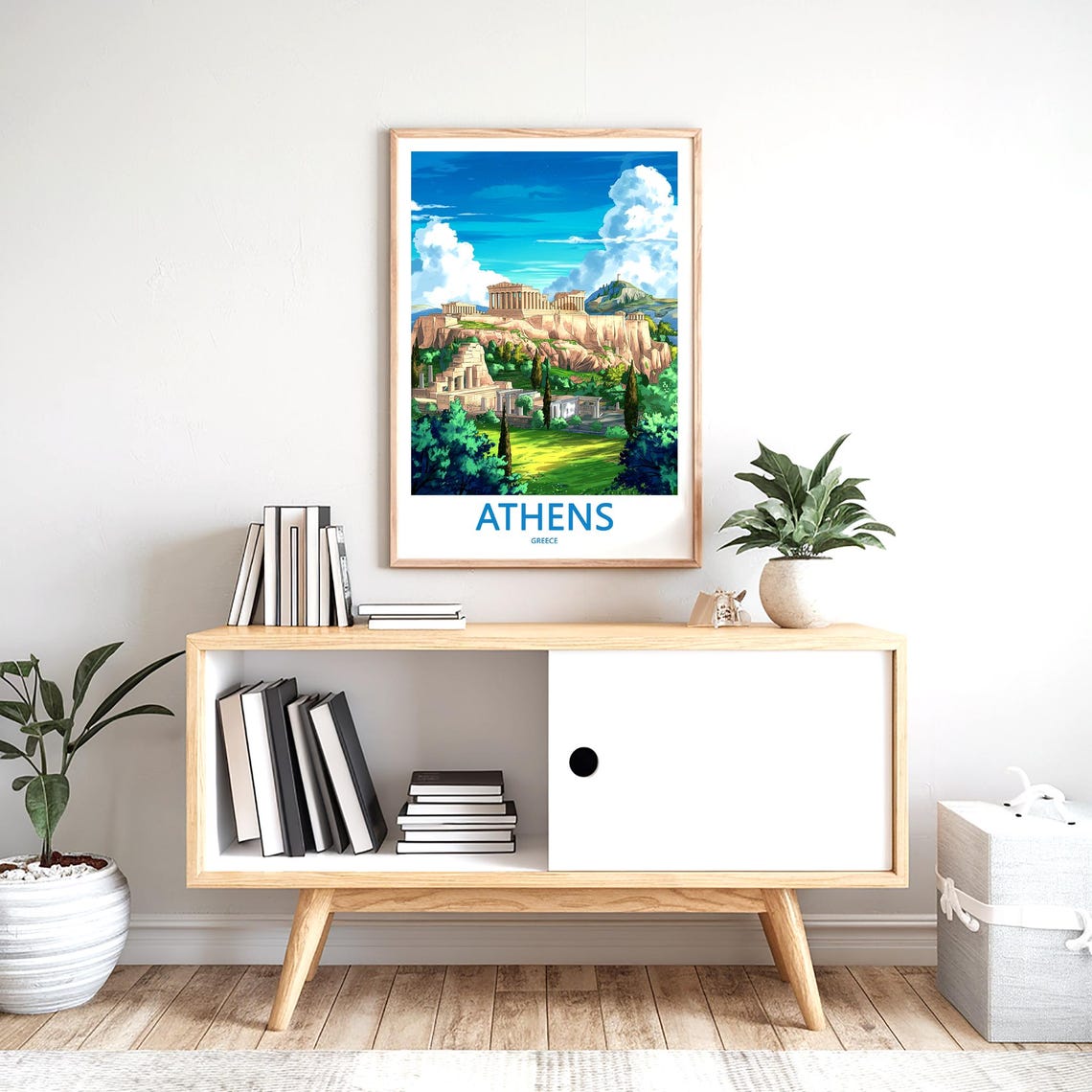 Athens Acropolis Blue Sky Green Valley Cypress Illustrated Poster - Image 2