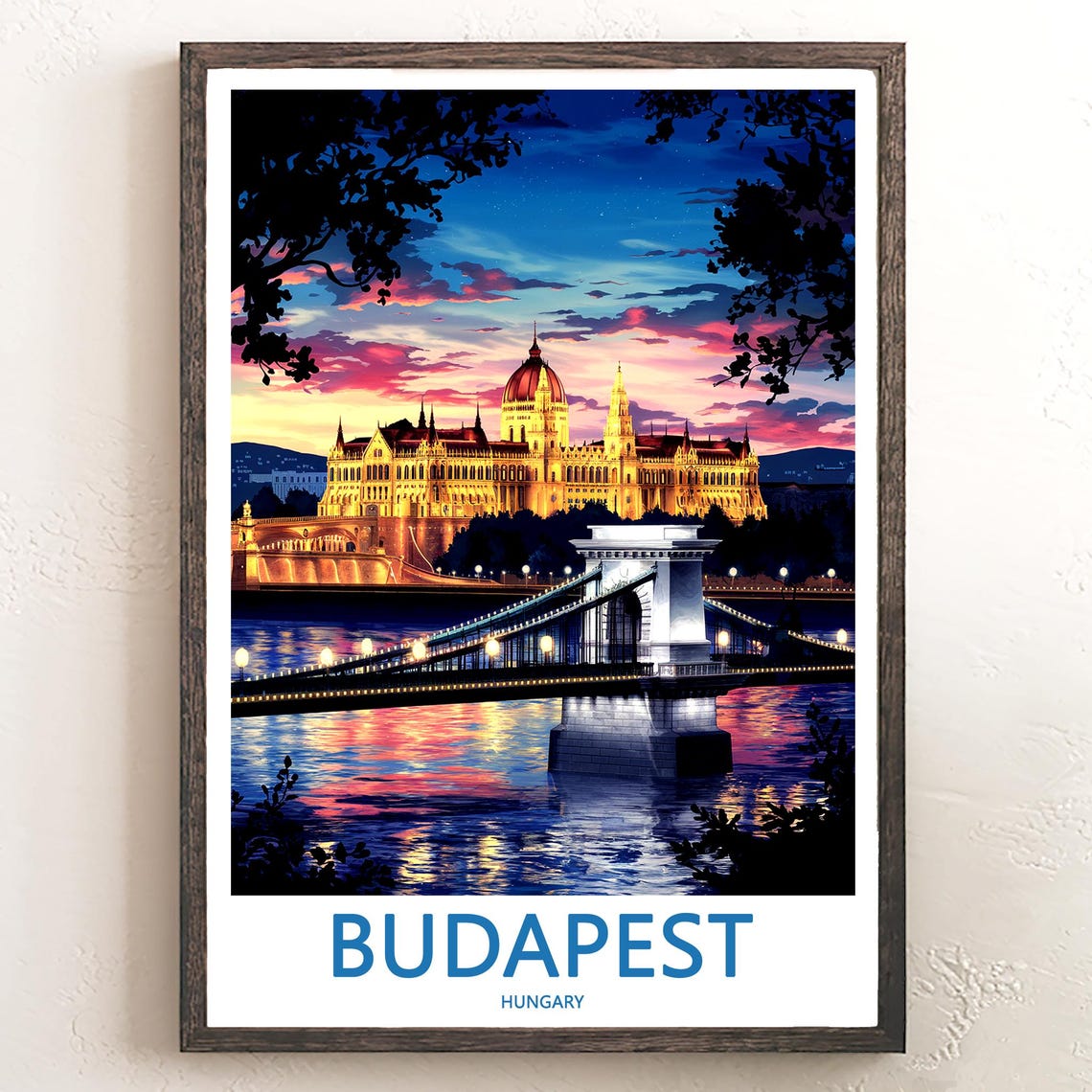 Budapest Hungary Parliament Dusk With Chain Bridge Lights Poster