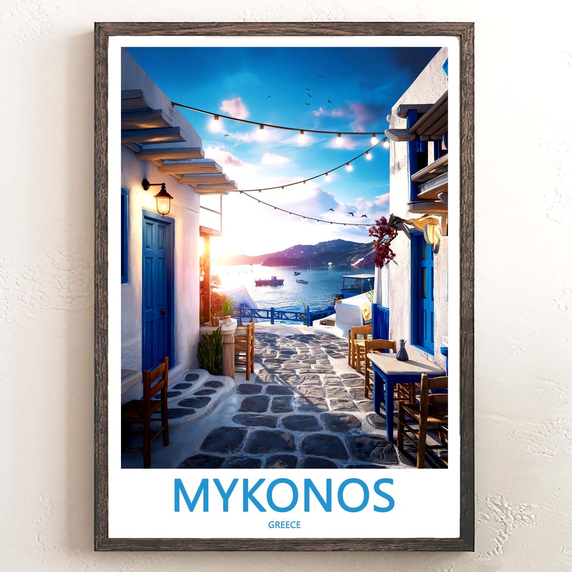 Mykonos Alleyway Blue Doors Sunlit Greece Travel Decor Poster