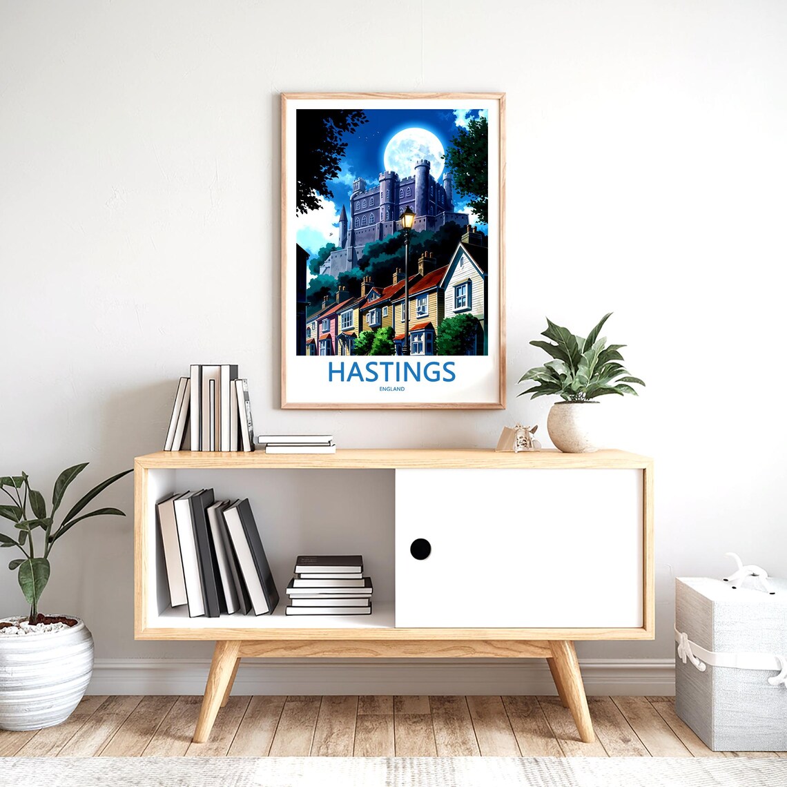 Hastings England Moonlit Castle and Cottages Night View Poster - Image 2