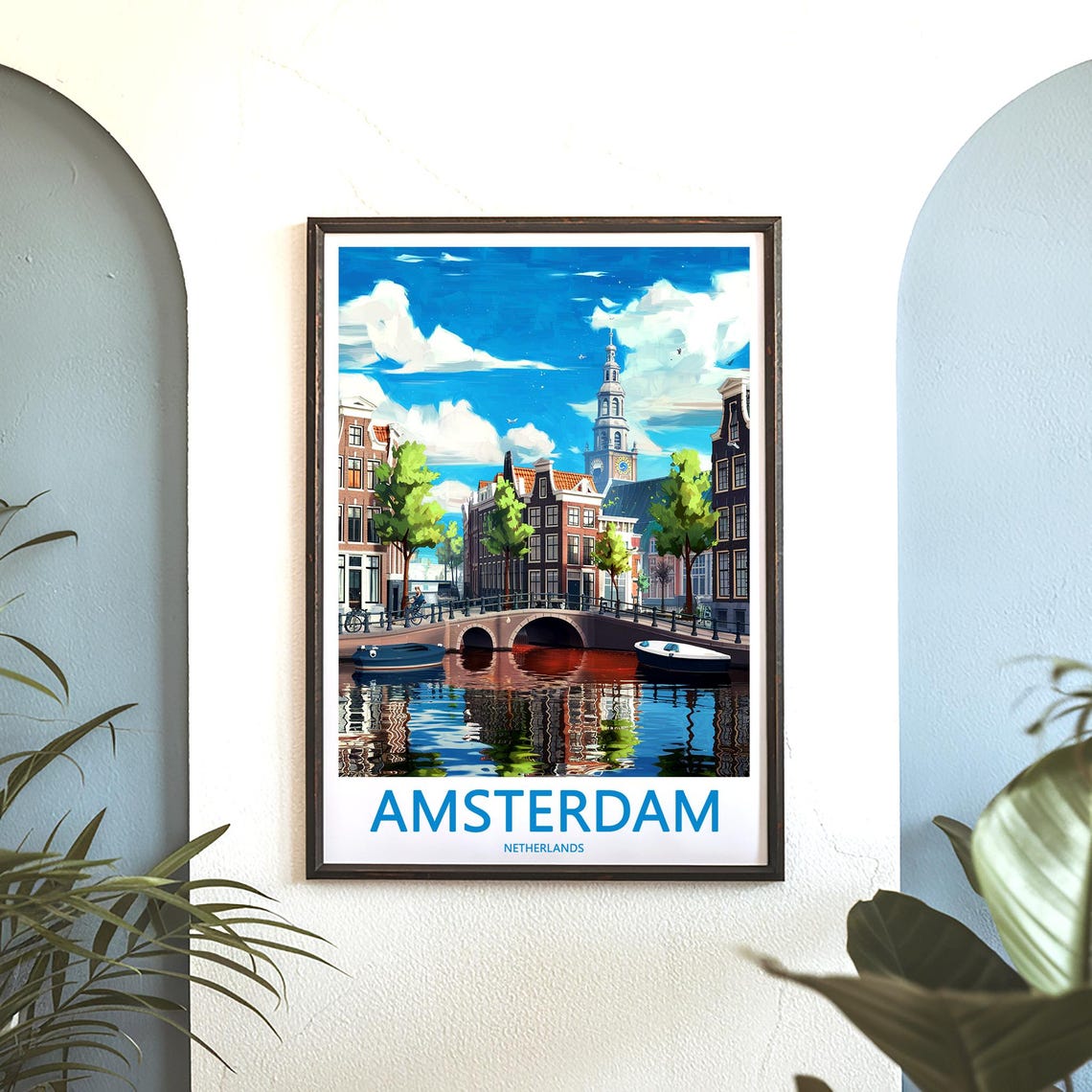 Amsterdam Sunny Canal Bridge with Boats Travel Illustration Poster - Image 3