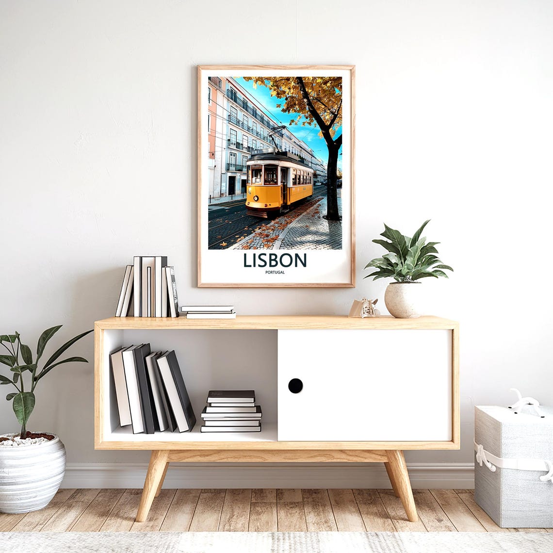 Lisbon Yellow Tram on a Leaf-Covered Boulevard in Fall Season Poster - Image 2