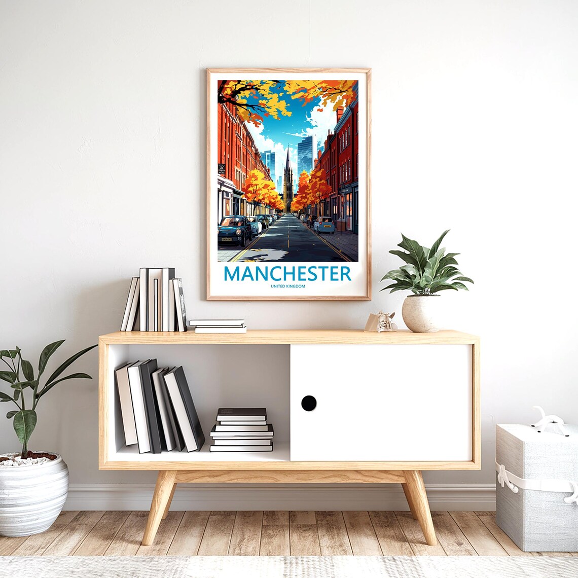 Manchester Autumn Red Brick Street Church Spire Day View Poster - Image 2