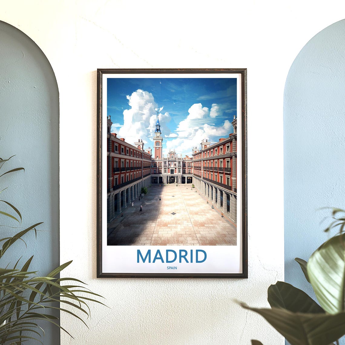 Madrid Plaza Mayor Historic Clock Tower Bright Blue Sky Poster - Image 3