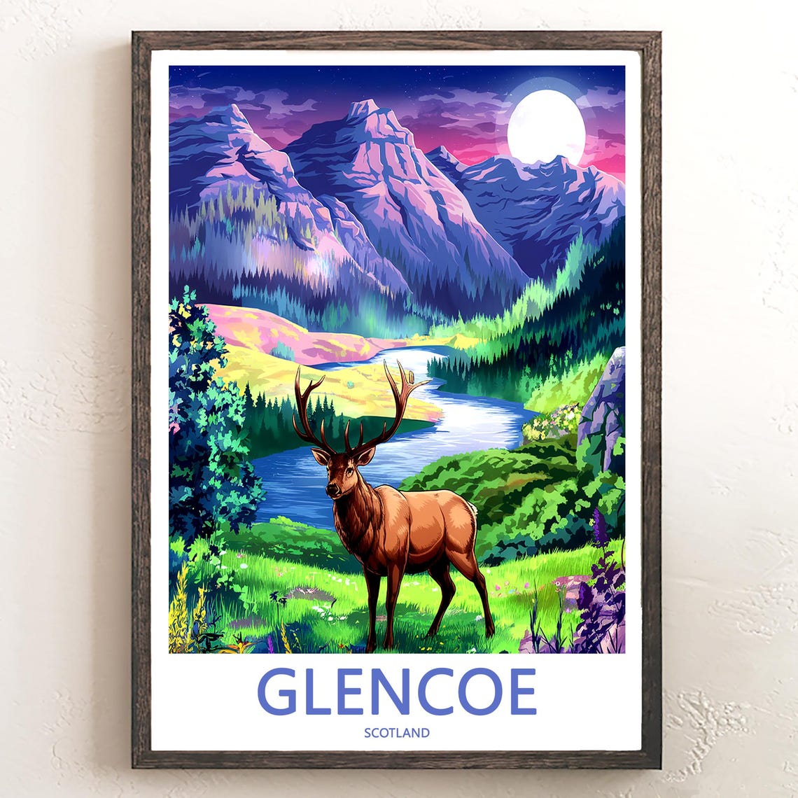 Glencoe Scotland Magical Moonlit Stag on Lakeshore Night Poster