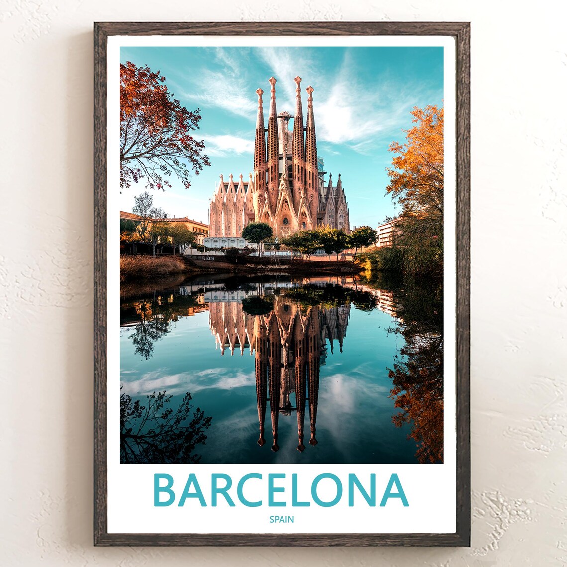 Barcelona Sagrada Família Teal Sky Autumn Reflection Photo Poster