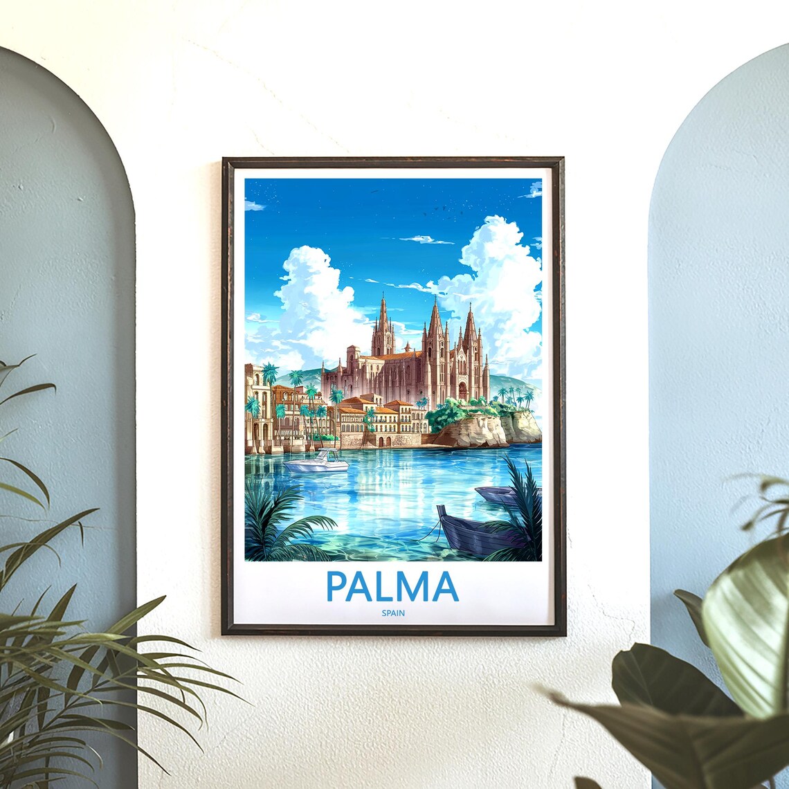 Palma Spain Seaside Cathedral With Boats and Palm Fronds Poster - Image 3