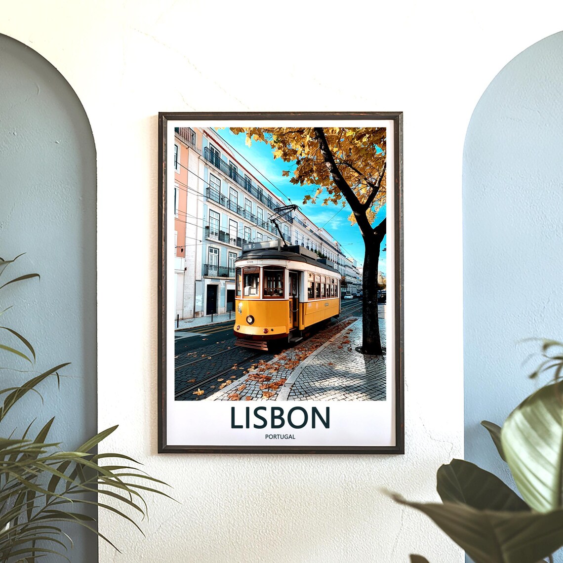 Lisbon Yellow Tram on a Leaf-Covered Boulevard in Fall Season Poster - Image 3