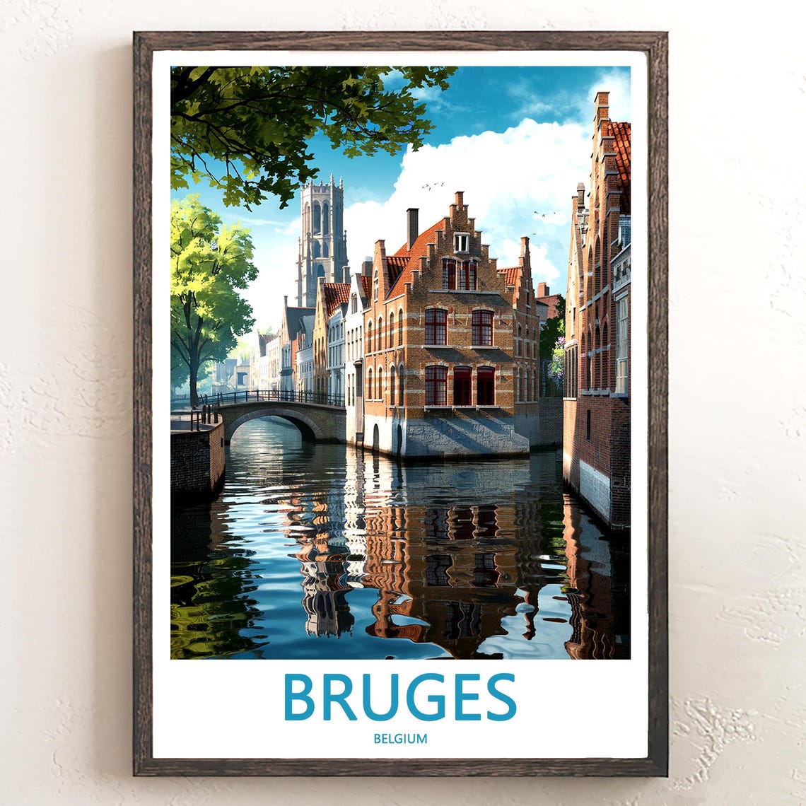 Bruges Morning Canal Reflections and Stone Bridge Travel Poster