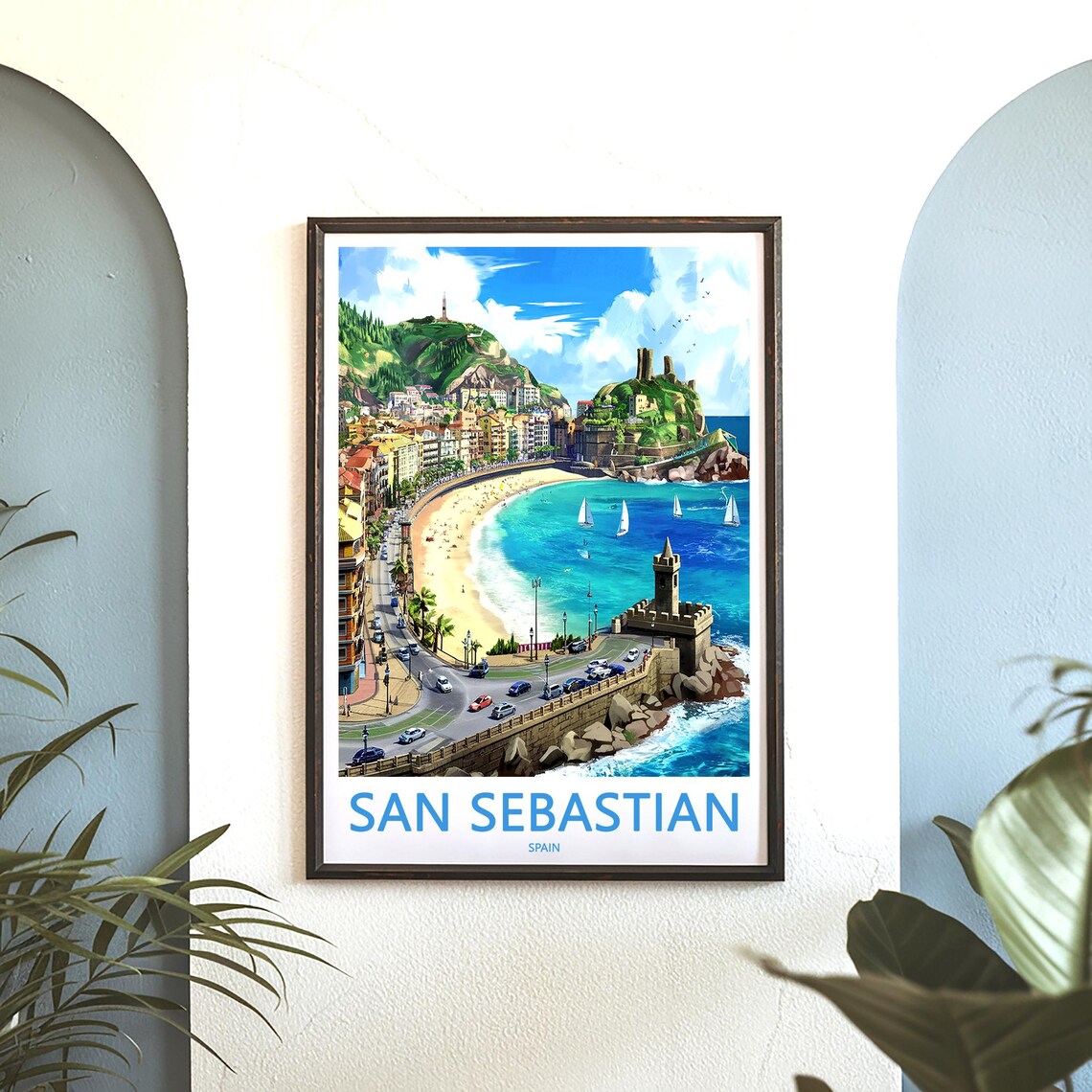San Sebastian Harbor Fortress Sailboats Curved Beach Travel Poster - Image 3