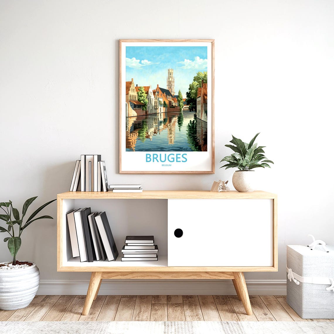 Bruges Belgium Canal With Centered Tower and Calm Water Poster - Image 2