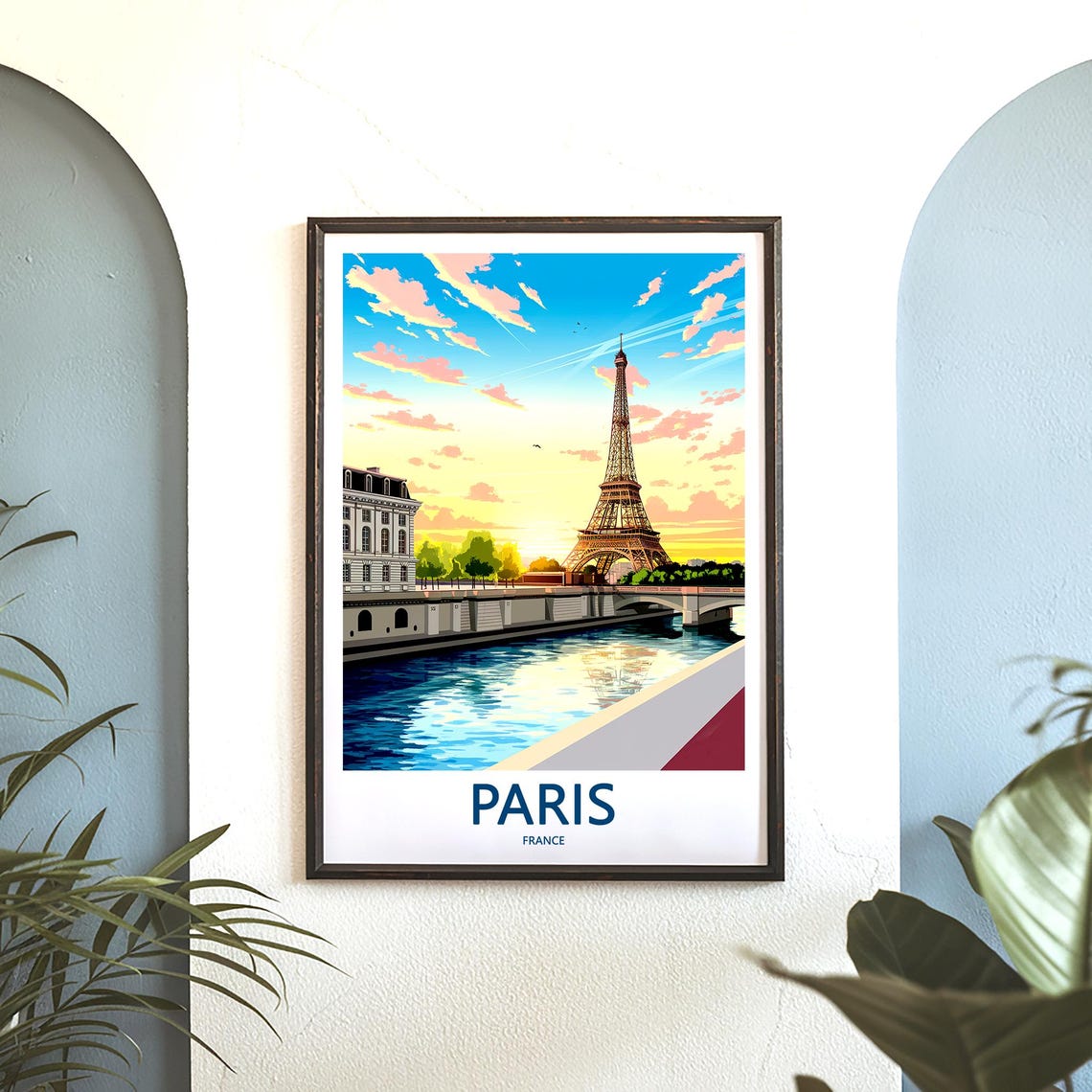 Eiffel Tower Seine Sunset Bridge Pink Clouds Paris Travel Poster - Image 3