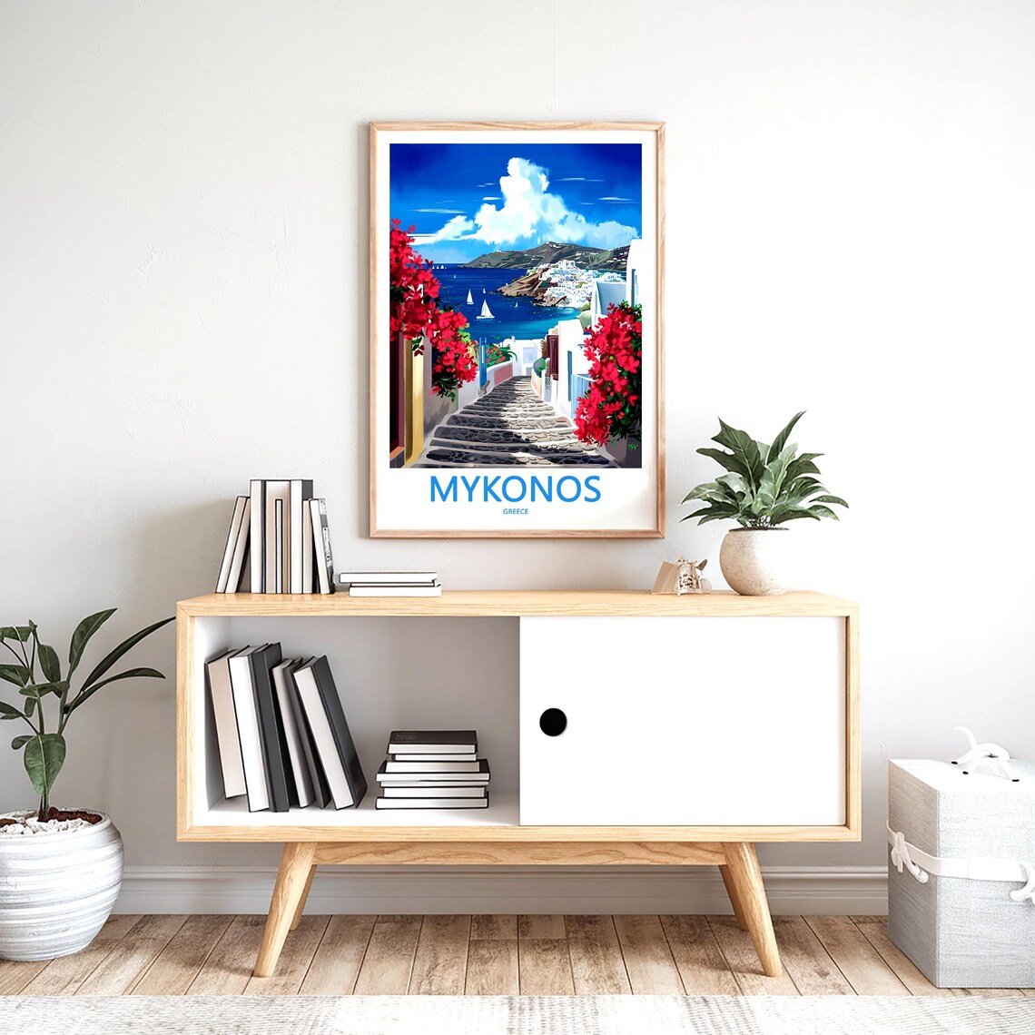 Mykonos Steps To The Bay Red Bougainvillea Greece Art Poster - Image 2
