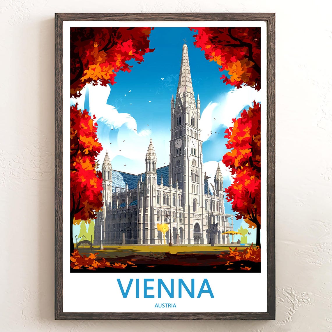 Vienna Austria Gothic Church Framed by Red Autumn Trees Poster