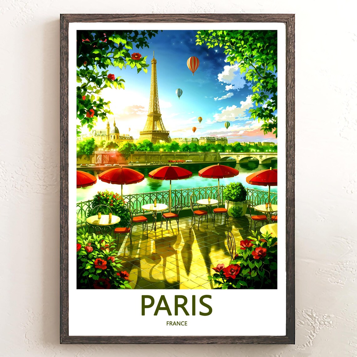 Eiffel Tower Cafe Terrace Roses Hot Air Balloons Paris France Poster