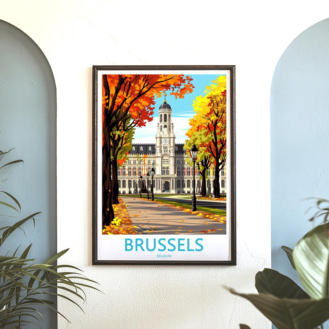 Brussels Belgium Golden Autumn Path Tower Building Scene Poster - Image 3