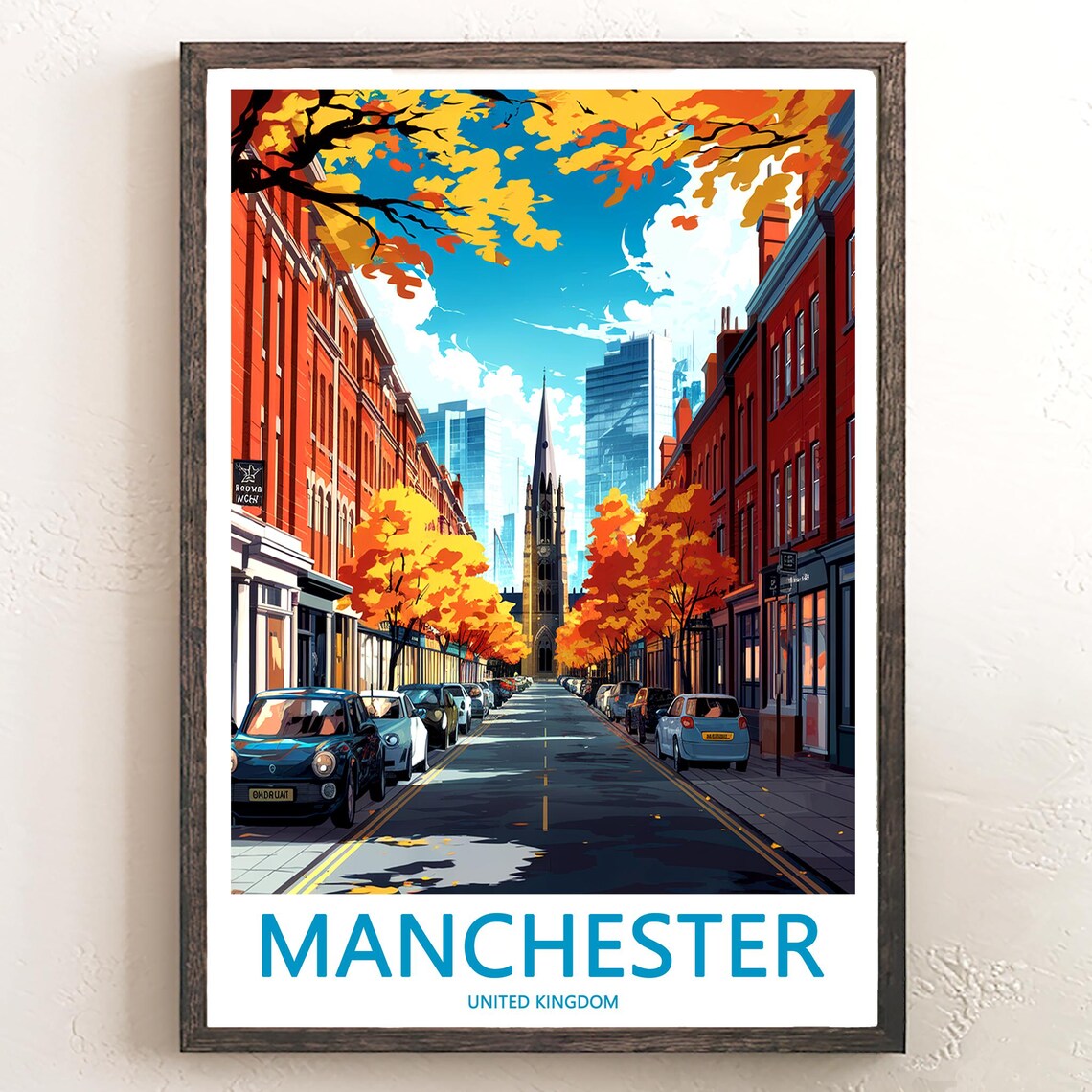 Manchester Autumn Red Brick Street Church Spire Day View Poster