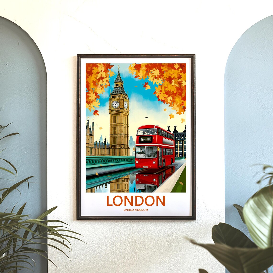 Big Ben Red Double Decker Bus at Tower Hill Autumn Illustration Poster - Image 3