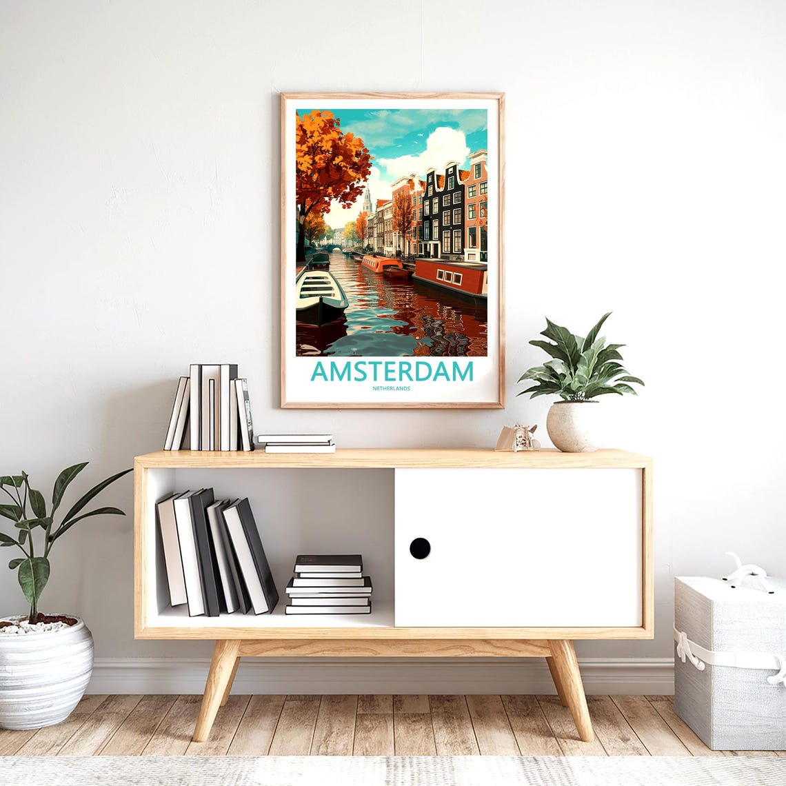 Amsterdam Canal Autumn Houseboat Reflections Illustrated Poster - Image 2