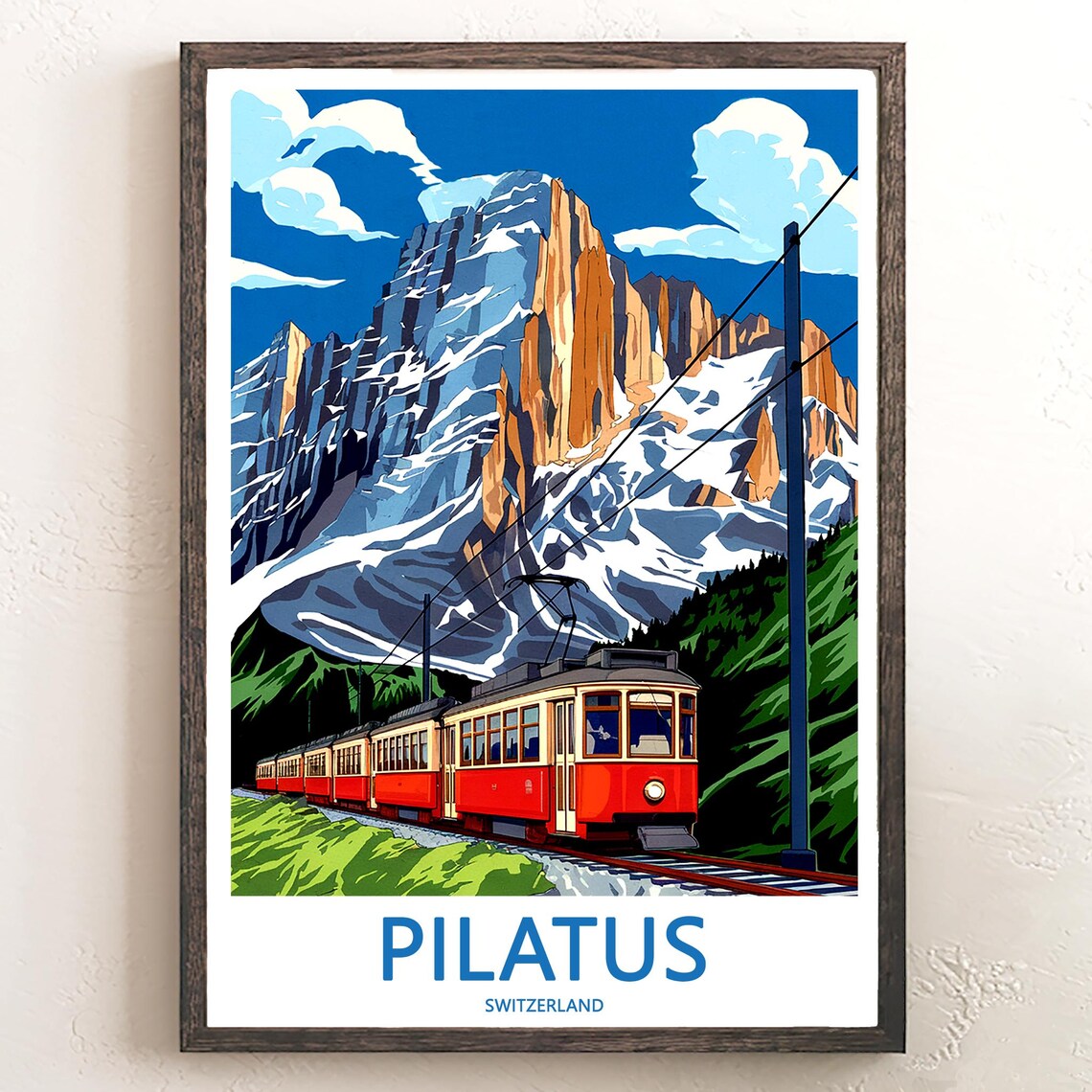 Pilatus Switzerland Red Cogwheel Railway Under Alpine Peak Poster