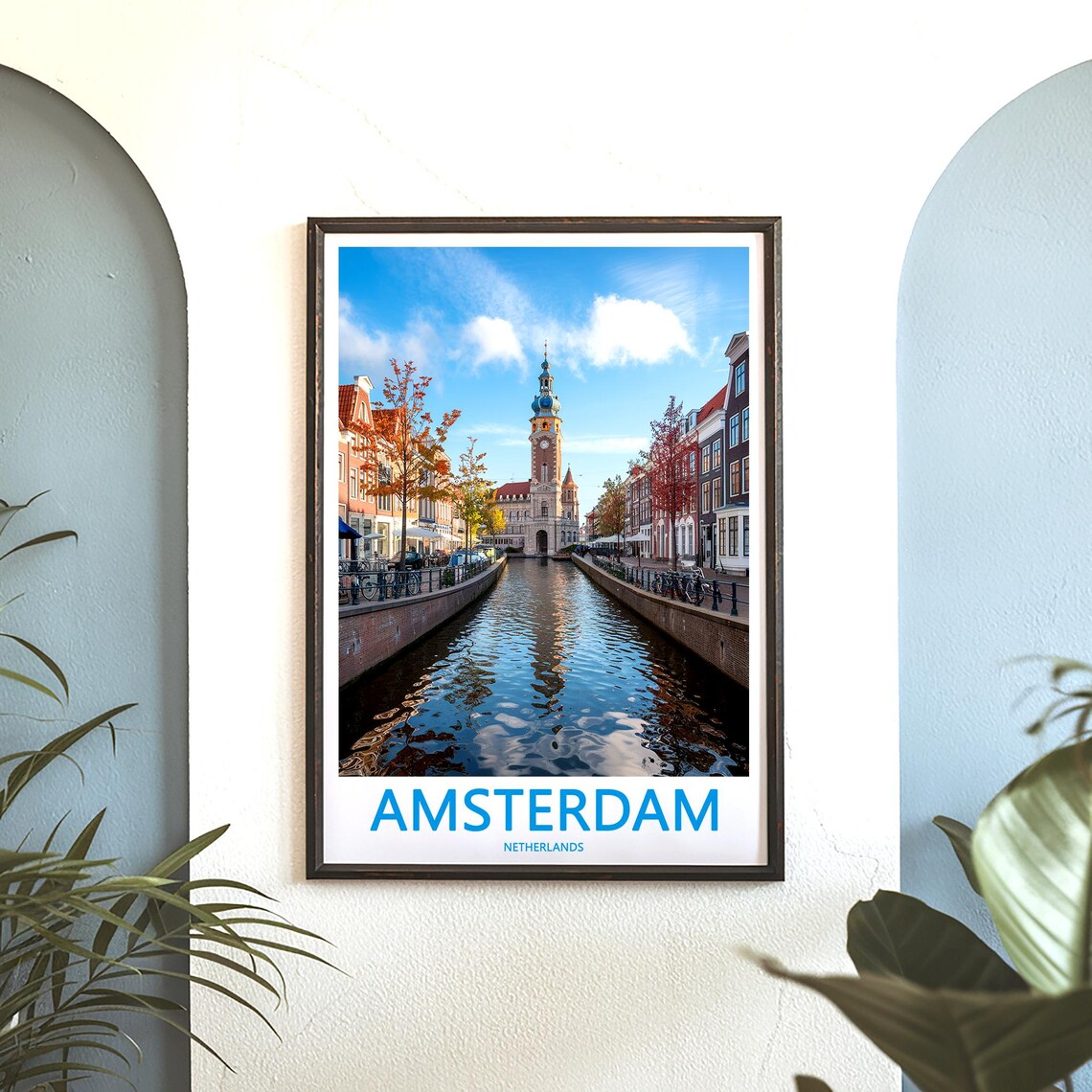 Amsterdam Autumn Canal Houses with Church Tower Photo Poster - Image 3
