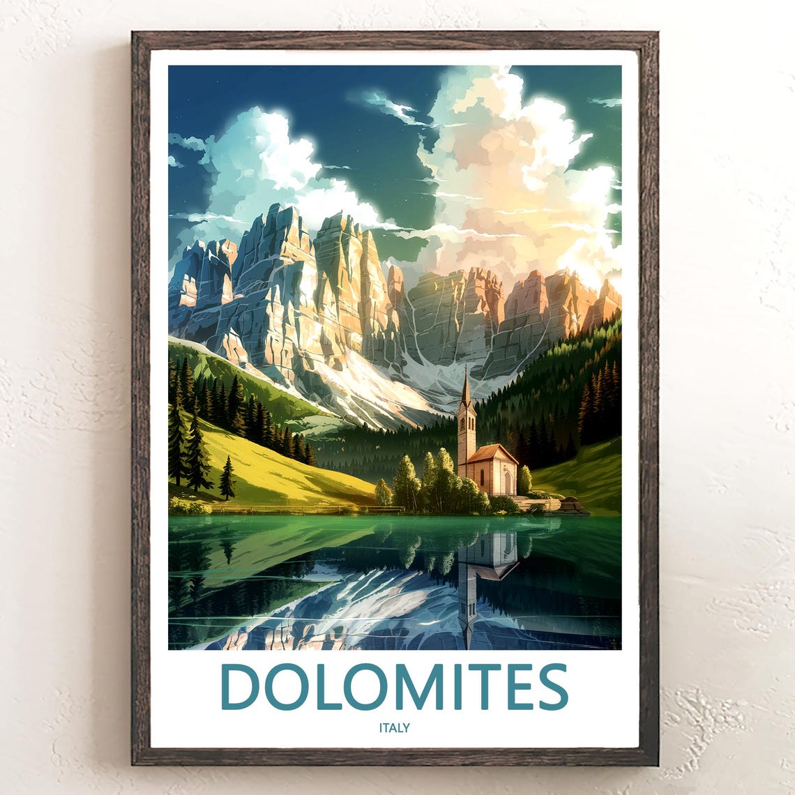 Dolomites Italy Church Lake Mirror Reflection Sunset Travel Poster