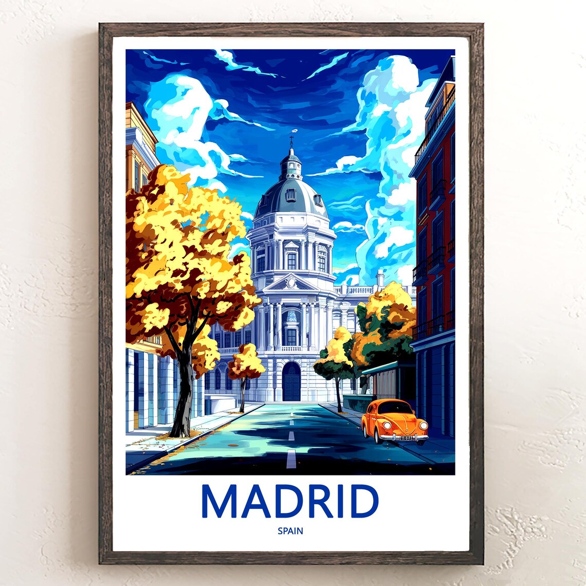 Madrid Domed Palace Autumn Trees Orange Beetle Travel Poster