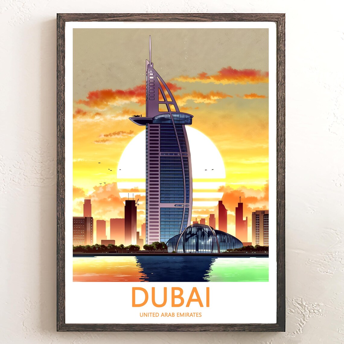 Dubai Burj Al Arab Retro Sunset Under Giant Orange Sky Poster