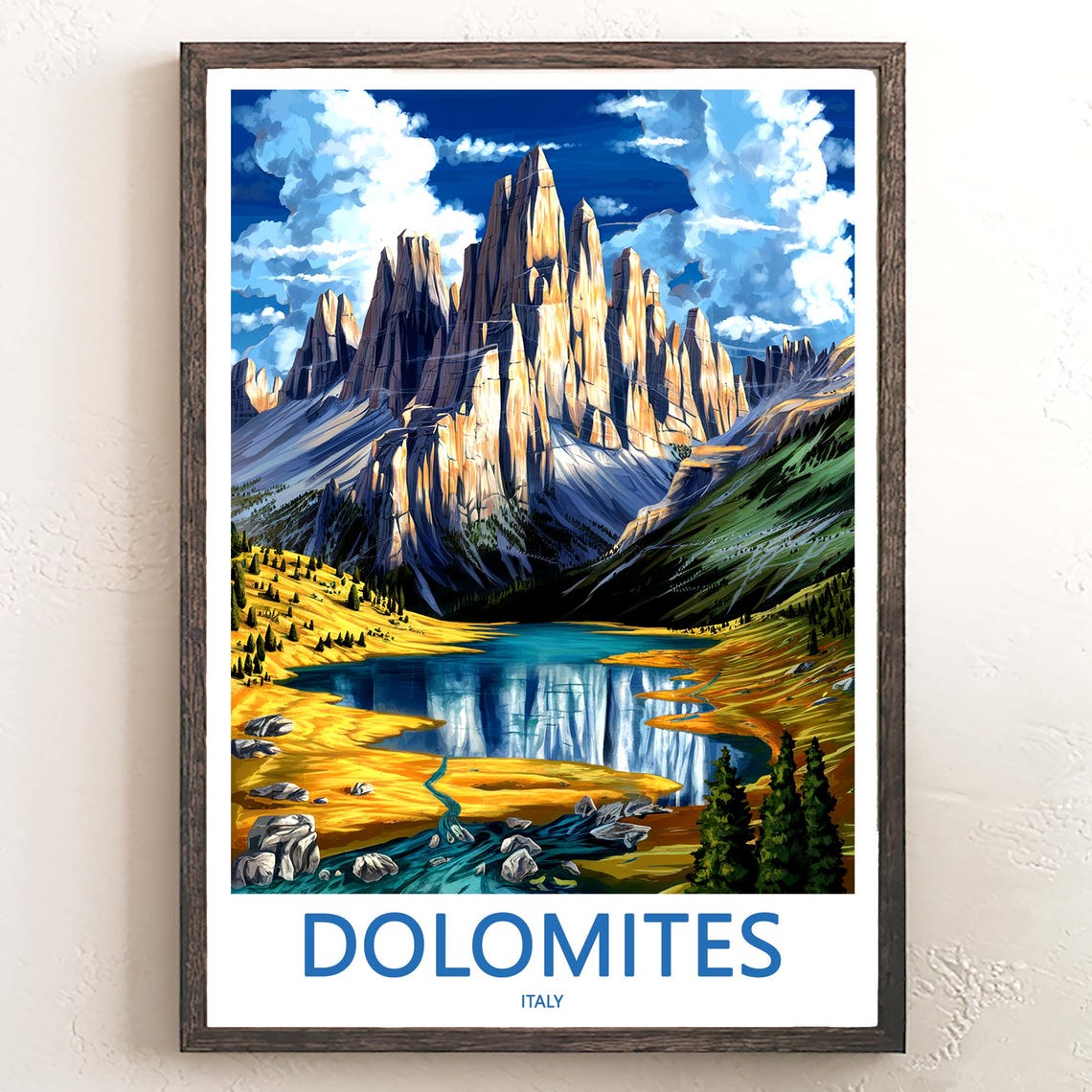 Dolomites Peaks over Blue Lake and Golden Shore Travel Poster