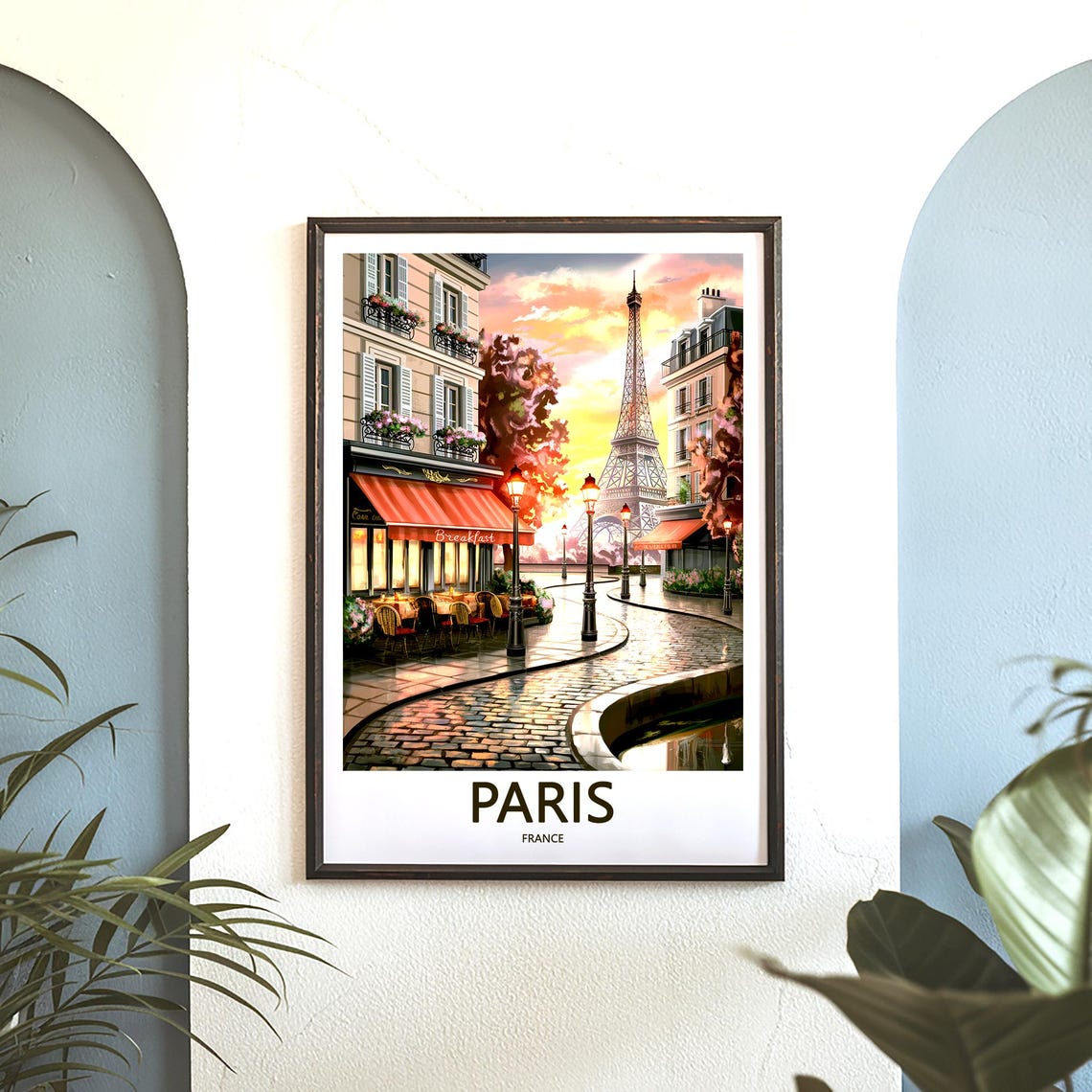 Eiffel Tower Breakfast Cafe Red Awning Sunset Paris France Poster - Image 3