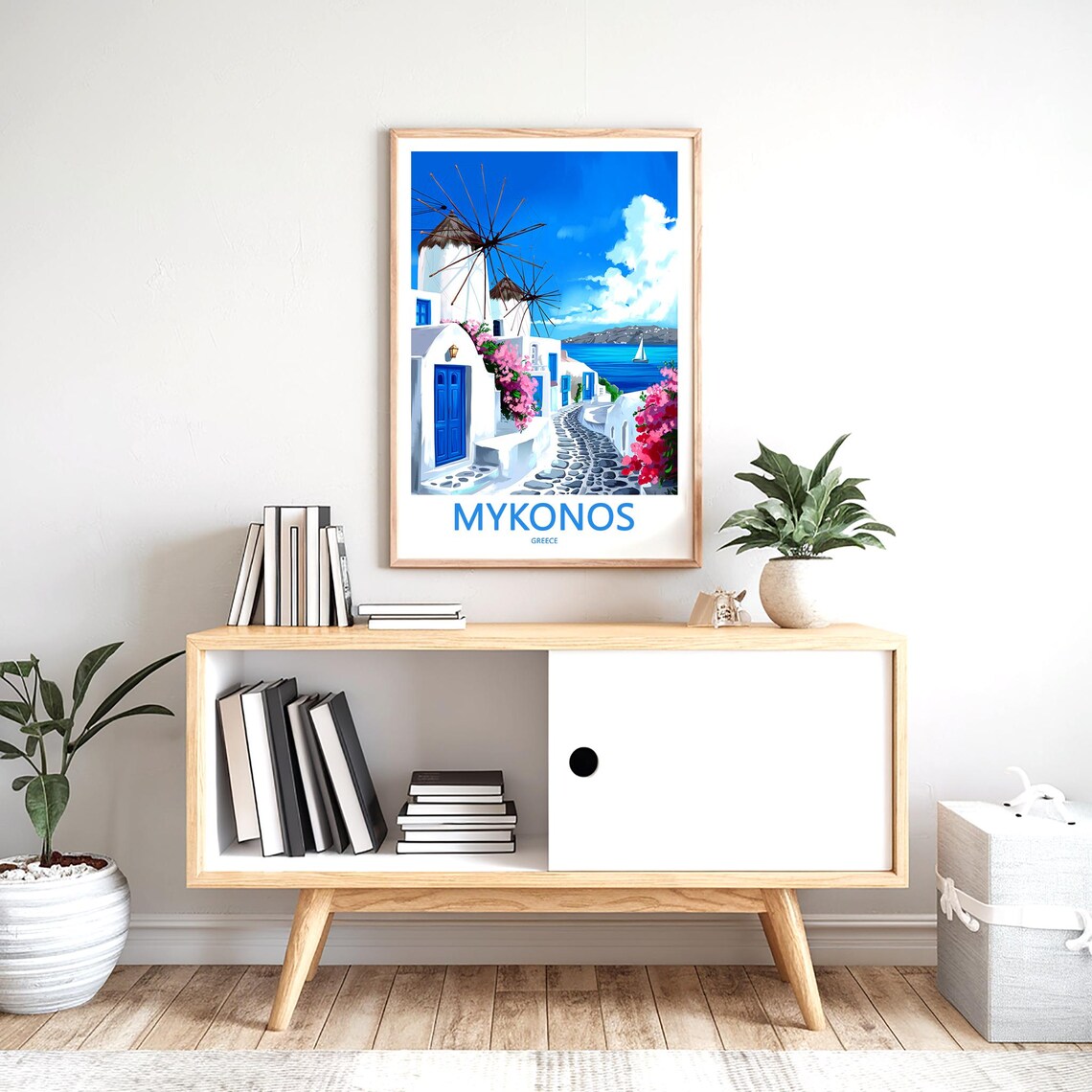 Mykonos White Houses Blue Doors Harbor View Greece Art Poster - Image 2