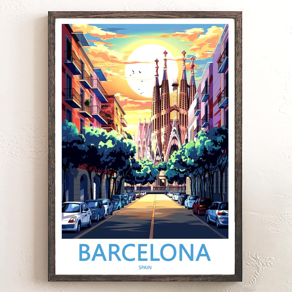 Barcelona Sagrada Familia Street Sunset Orange Clouds Travel Poster